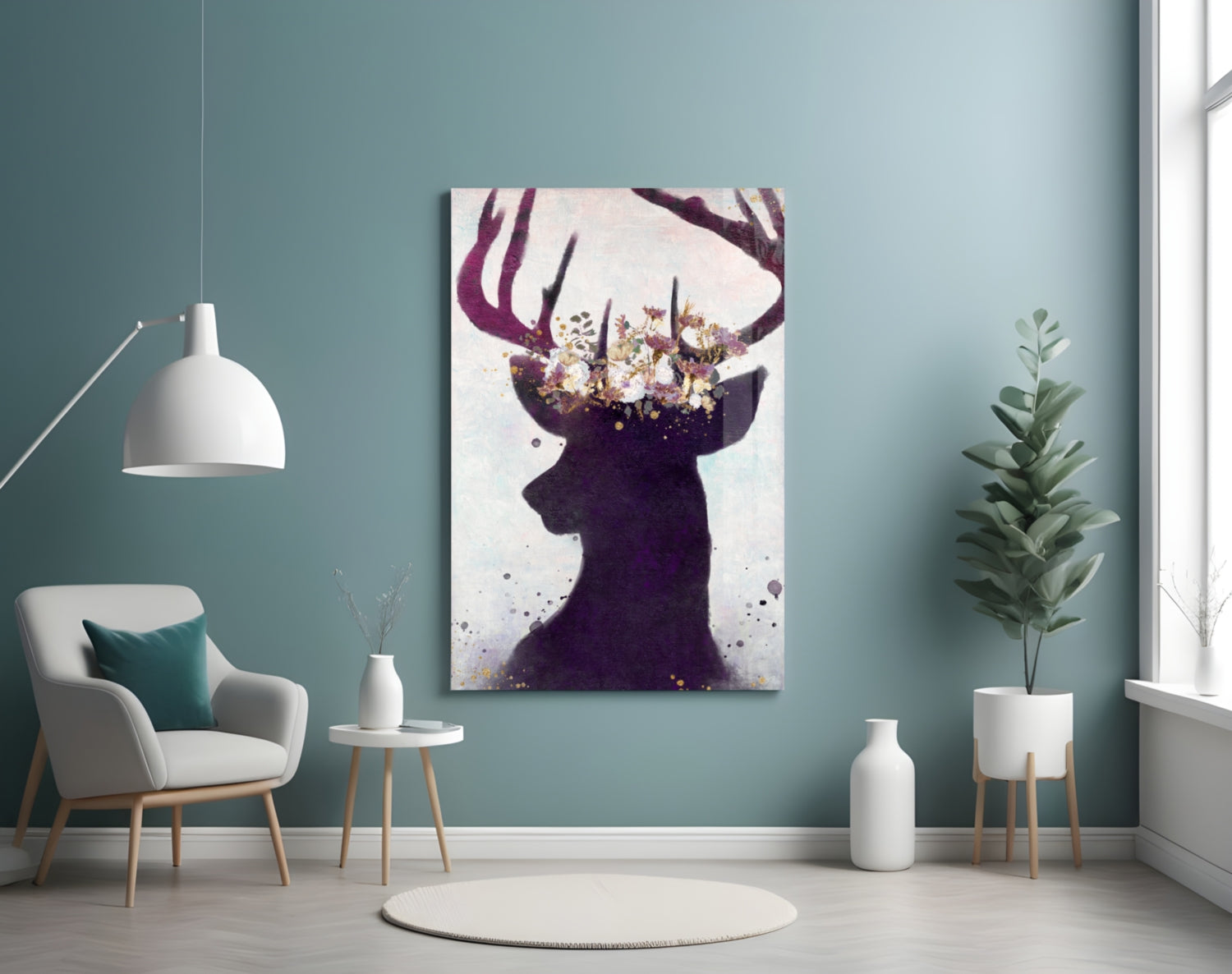 Purple Deer Floral Crown Glass Wall Art