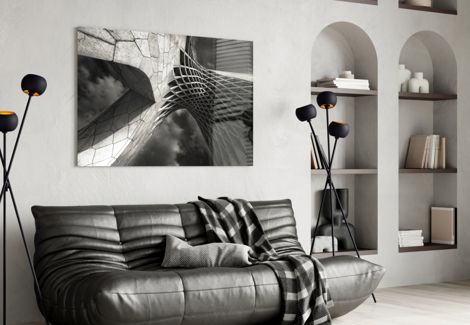 Monumental Lattice Arch Monochrome Glass Wall Art