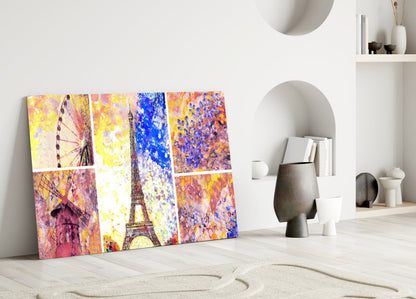 Paris Landmarks Watercolor Collage Glass Wall Art