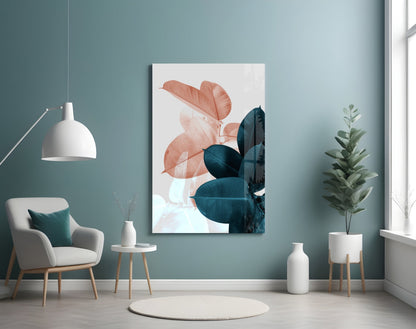 Blush Teal Rubber Plant Leaves Glass Wall Art