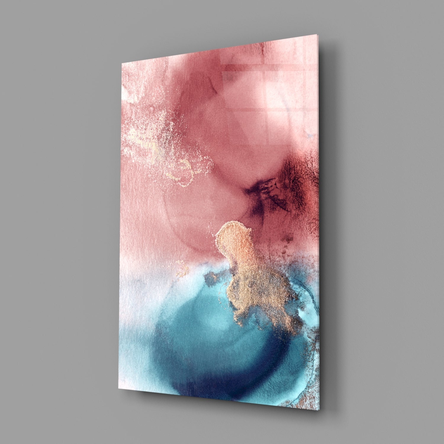 Pink Teal Gold Ink Bloom Glass Wall Art