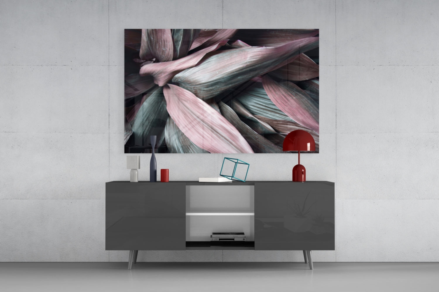 Pink Green Macro Leaves Glass Wall Art
