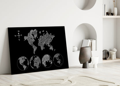 White Sketch World Map and Globes Glass Wall Art