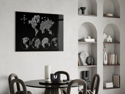 White Sketch World Map and Globes Glass Wall Art