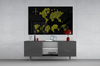 Yellow Sketch World Map and Globes Glass Wall Art