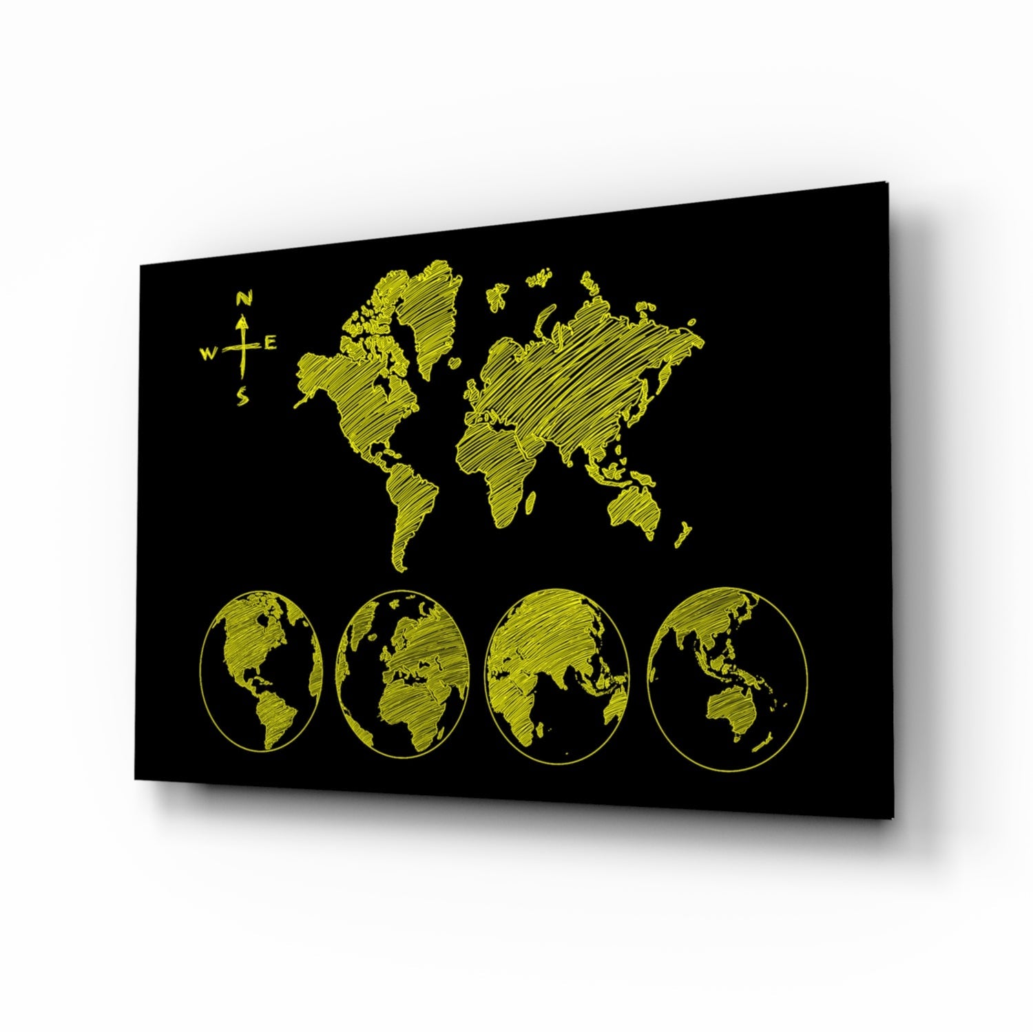 Yellow Sketch World Map and Globes Glass Wall Art