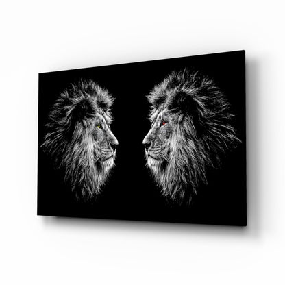 Facing Lions Colored Eyes Glass Wall Art