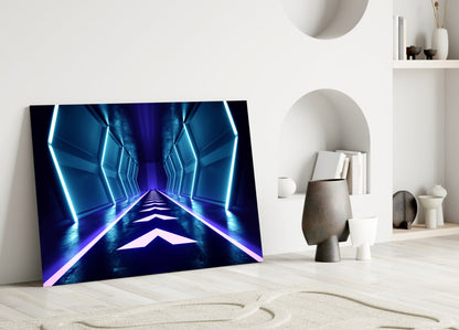 Blue Neon Chevron Corridor Glass Wall Art