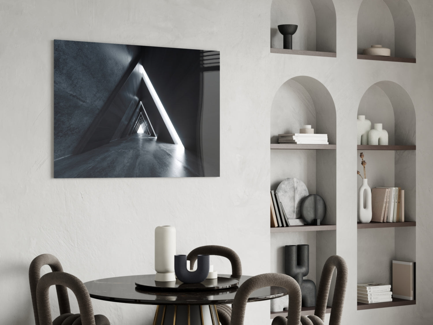 Dark Triangle Corridor With Neon Light Glass Wall Art