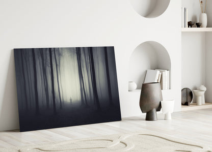 Lone Figure in Dark Misty Woods Glass Wall Art