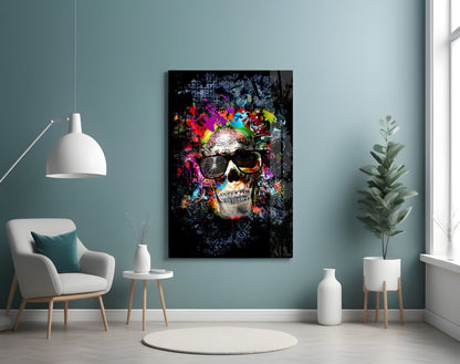 Paint Splash Sunglasses Skull Glass Wall Art