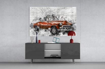 Sketched Red Vintage Convertible Car Glass Wall Art