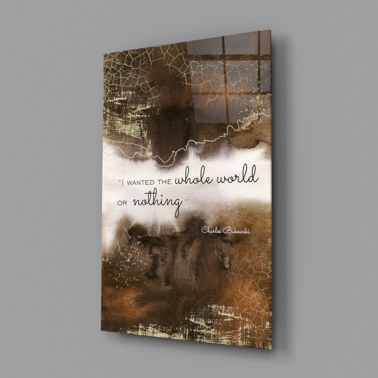 Bronze Cracked Ink Whole World Quote Glass Wall Art