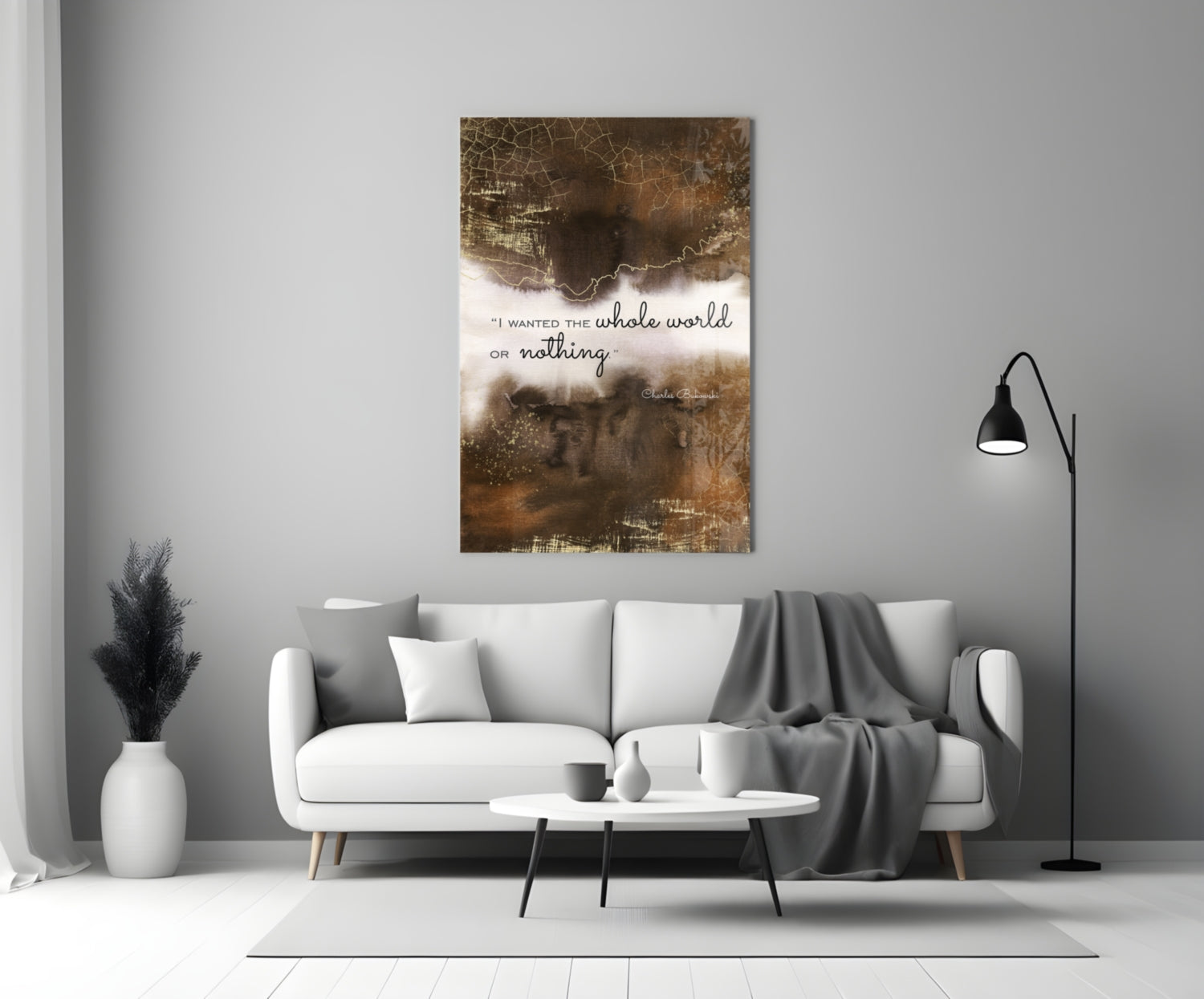 Bronze Cracked Ink Whole World Quote Glass Wall Art