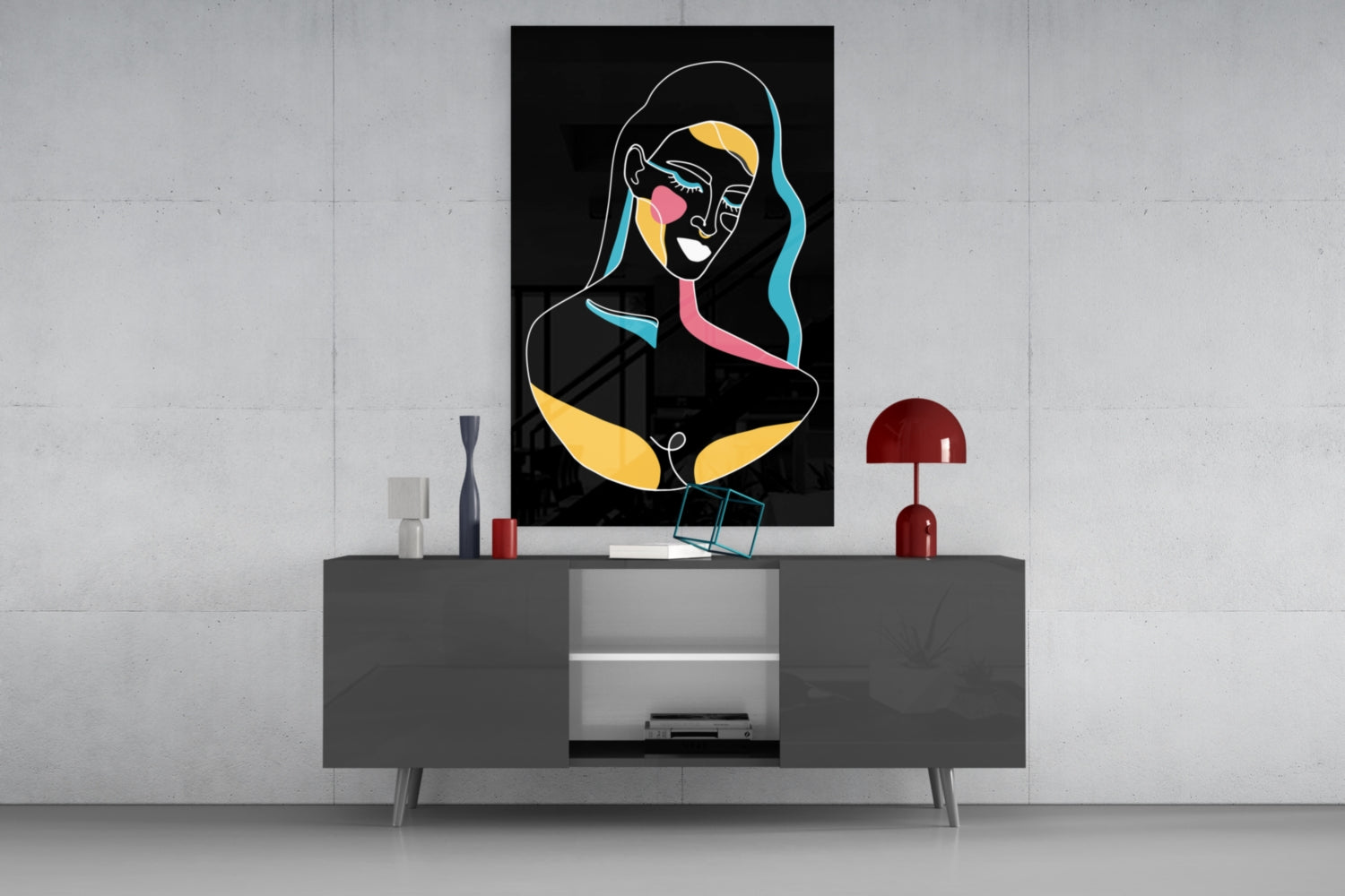 Blue Wavy Hair Line Art Glass Wall Art