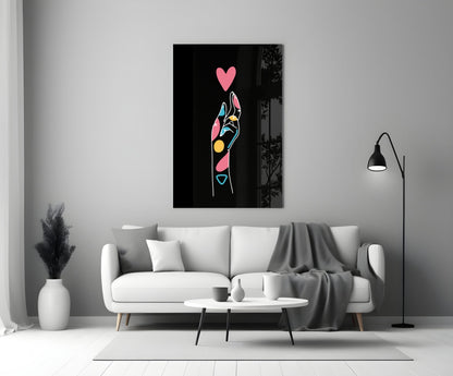 Pink Heart Reaching Line Art Hand Glass Wall Art
