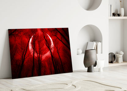 Crescent Moon Red Forest Sky Glass Wall Art