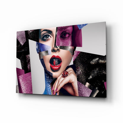 Glitter Collage Red Lips Glass Wall Art
