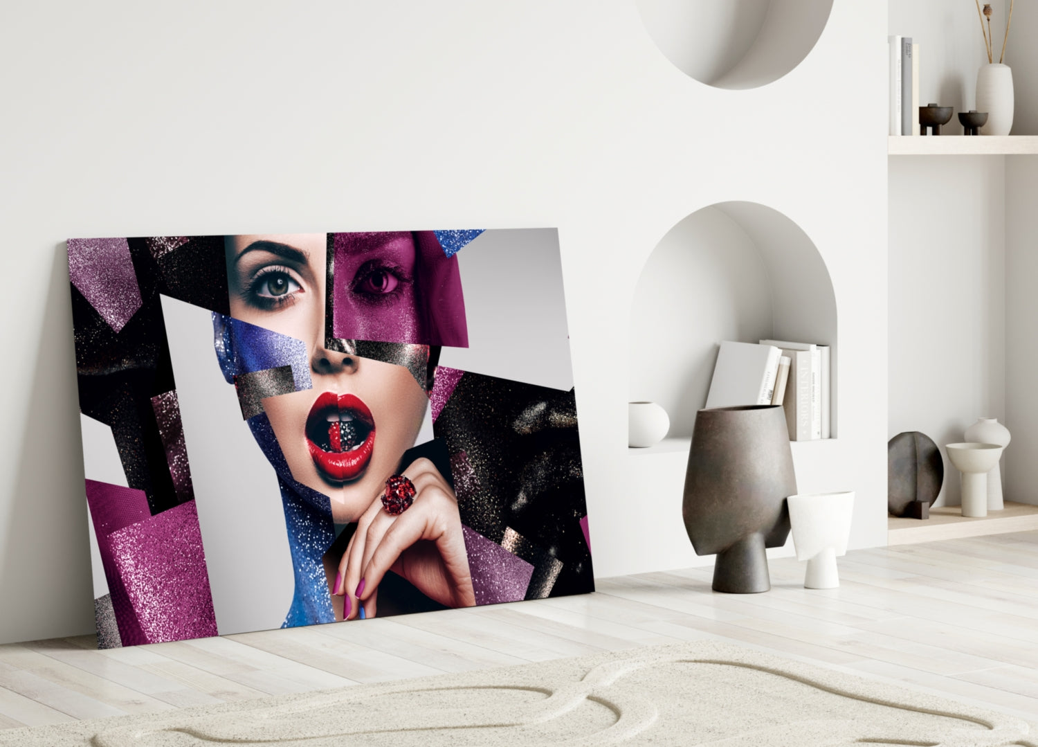 Glitter Collage Red Lips Glass Wall Art