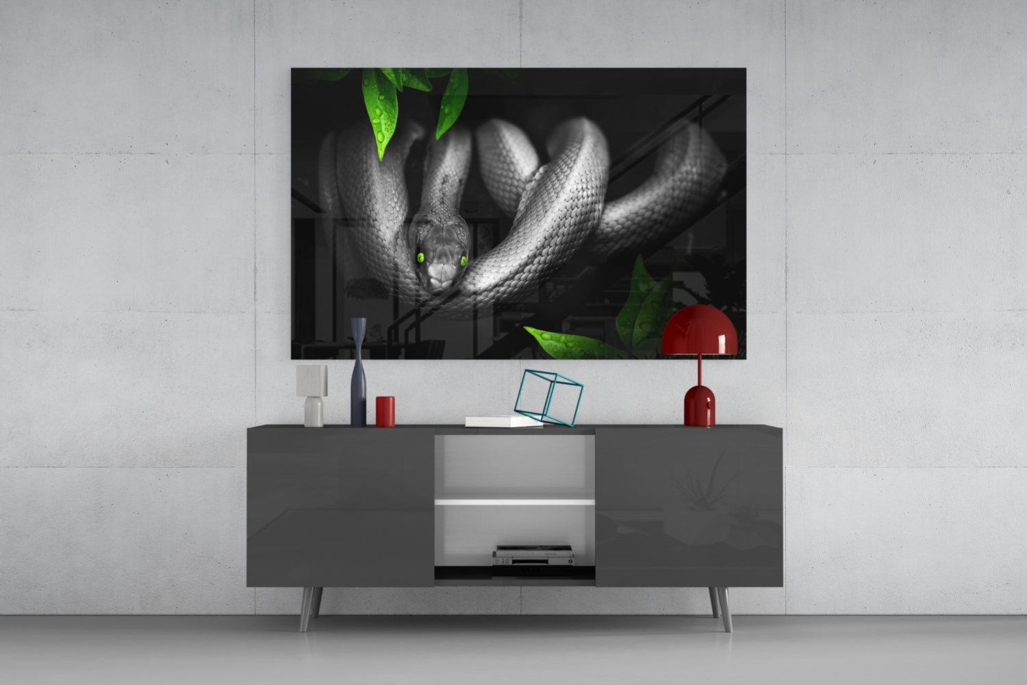 Green Eyed Coiled Snake Leaves Glass Wall Art