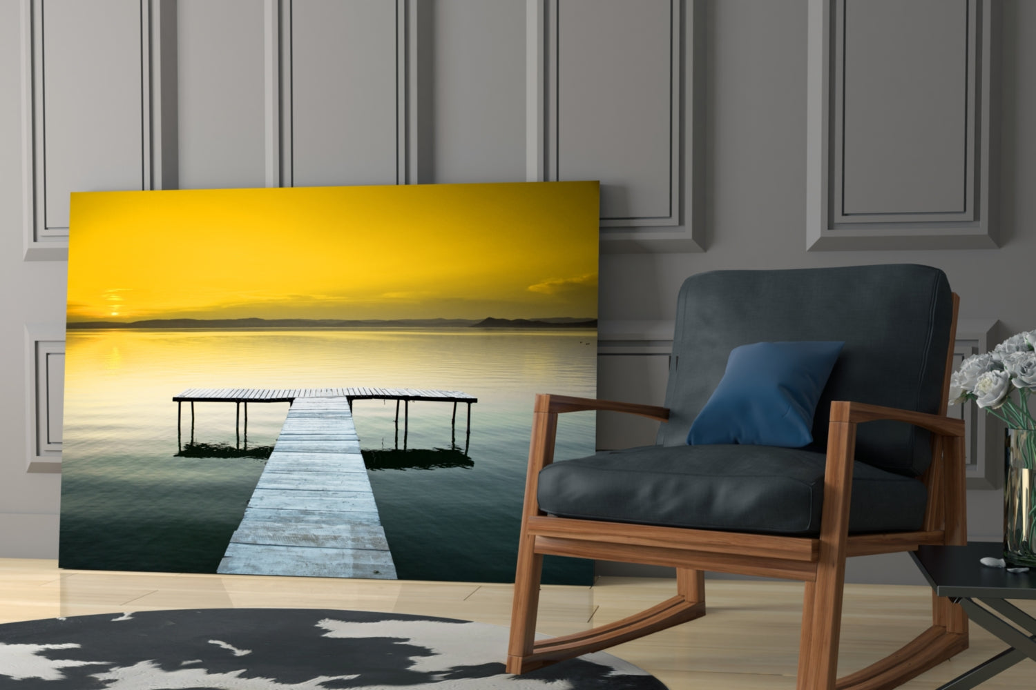 Golden Sunset Wooden Dock Glass Wall Art