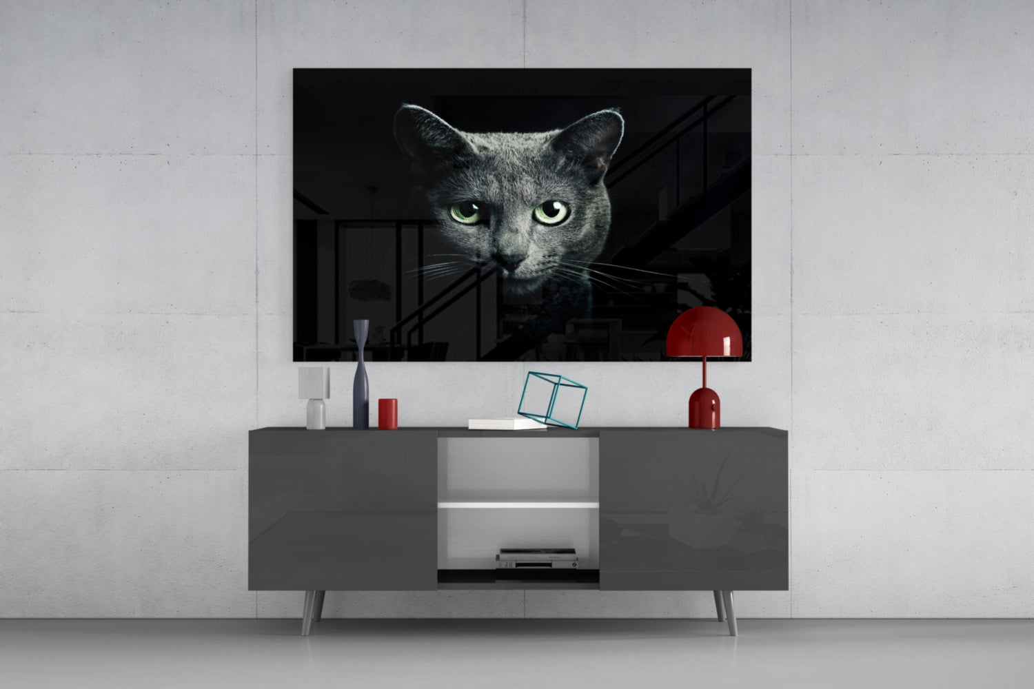 Green Eyed Blue Cat Dark Glass Wall Art