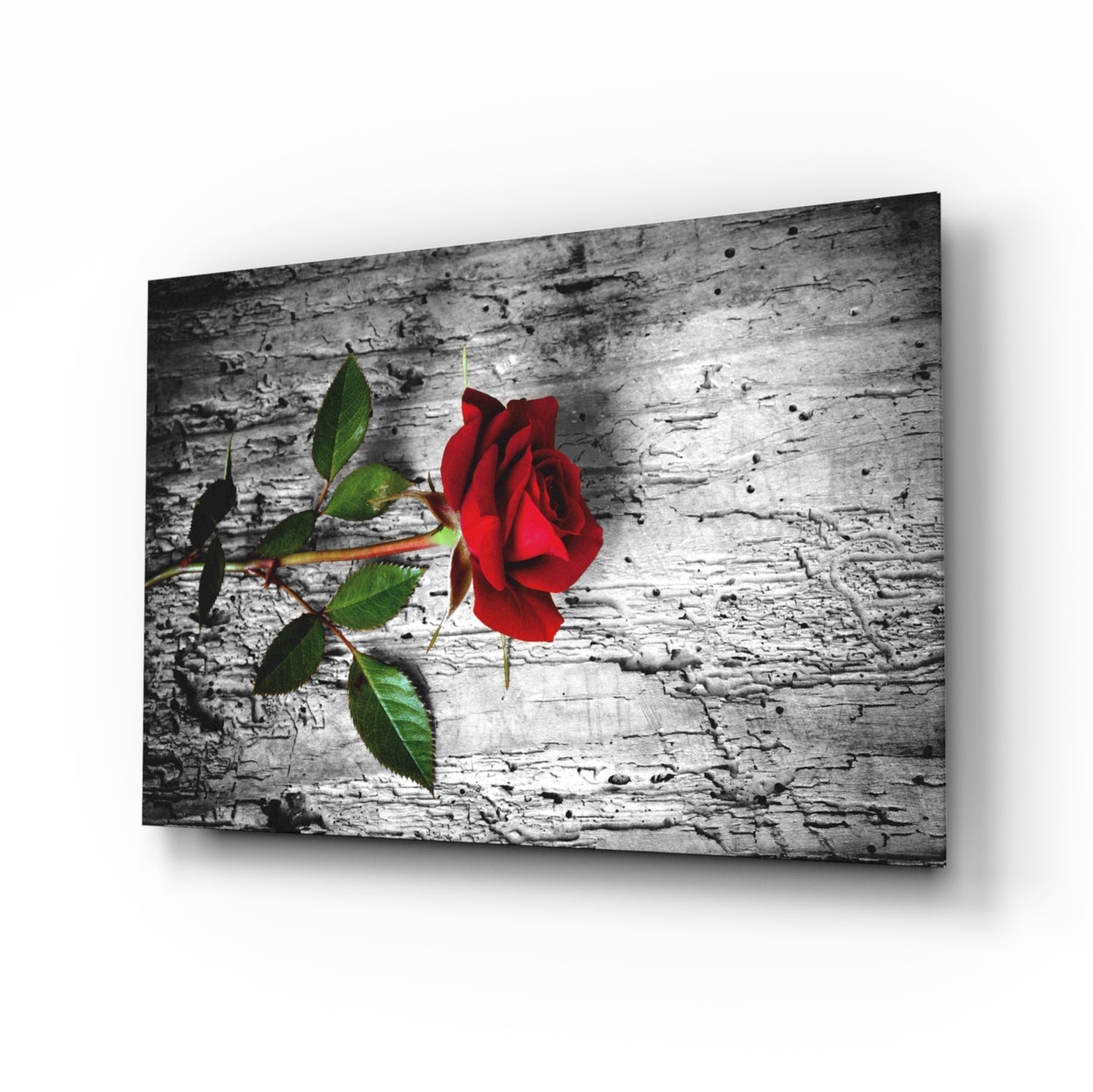Single Red Rose on Weathered Wood Glass Wall Art