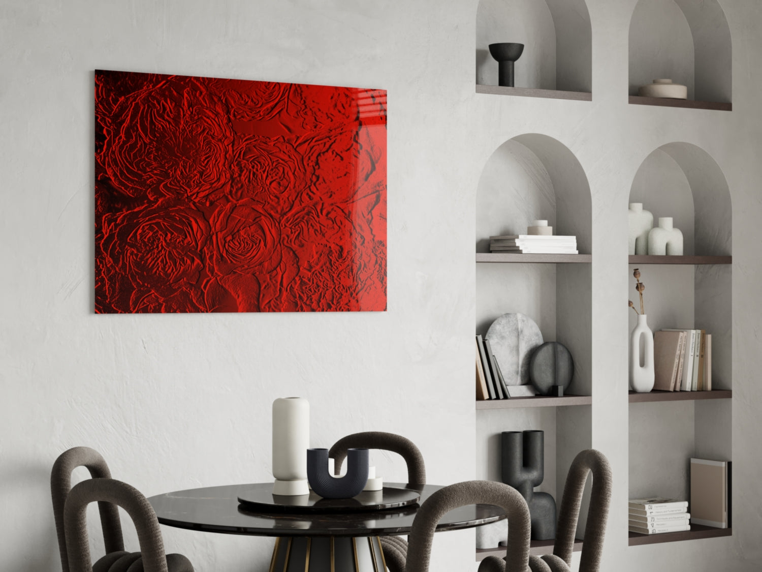 Crimson Textured Rose Relief Glass Wall Art