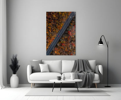 Aerial Autumn Forest Road Red Car Glass Wall Art
