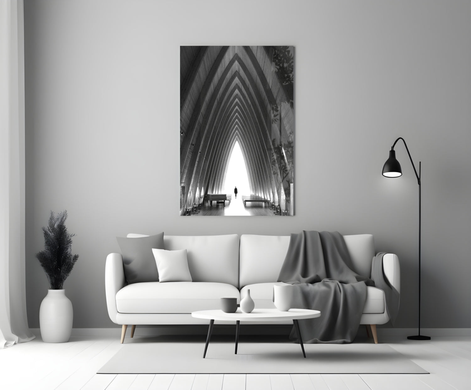 Black and White Arched Chapel Corridor Glass Wall Art