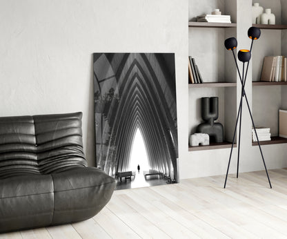 Black and White Arched Chapel Corridor Glass Wall Art