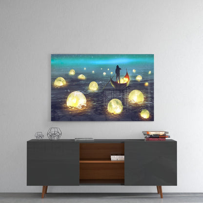 Aurora Night Moon Harvest Rowboat Glass Wall Art