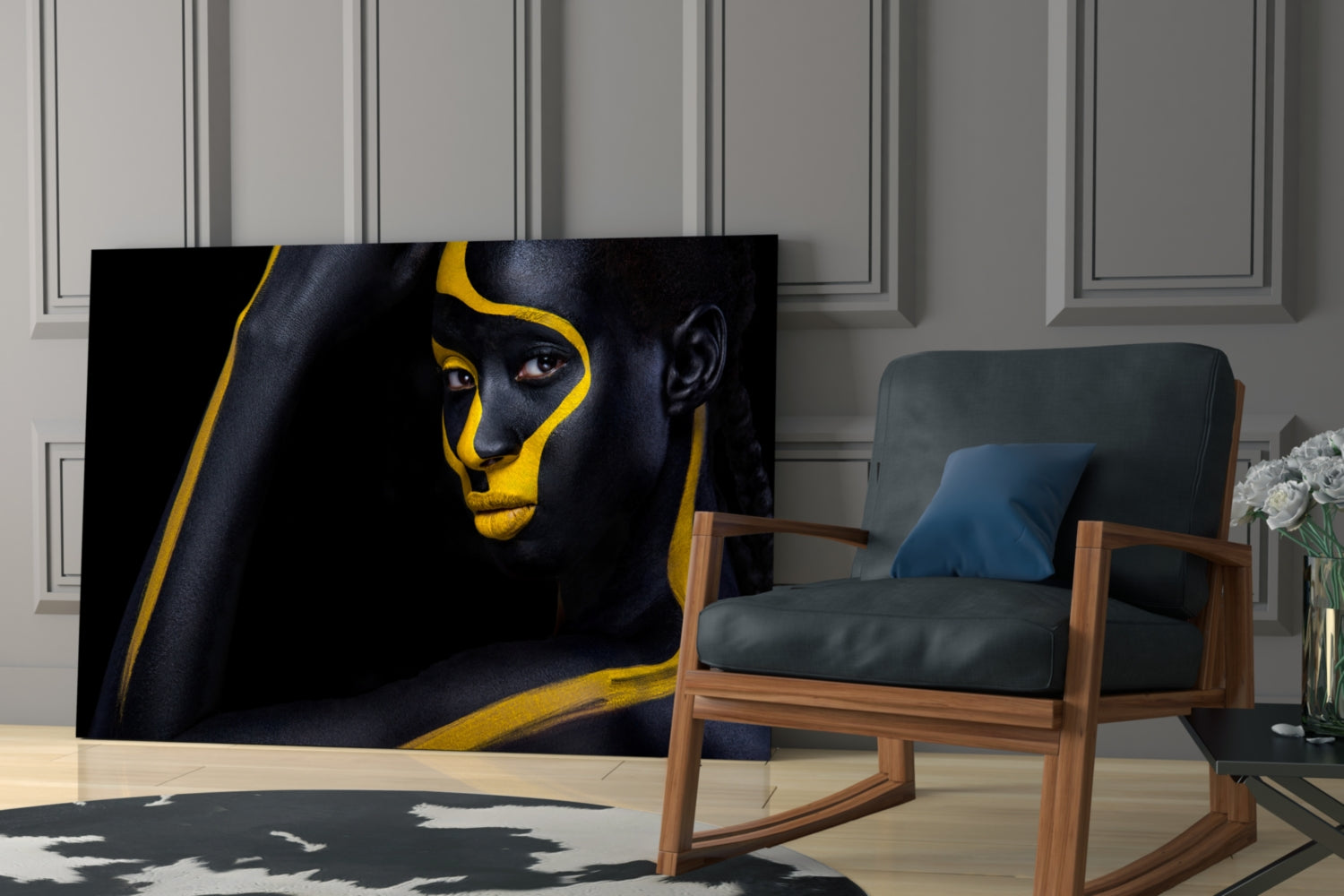 Yellow Paint Stripe Woman Glass Wall Art
