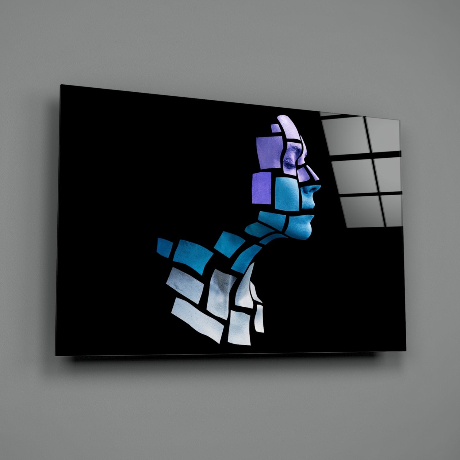 Blue Cube Mosaic Face Profile Glass Wall Art