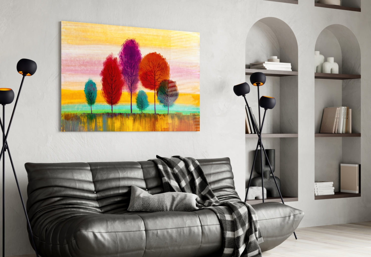 Slender Trees Golden Sunset Sky Glass Wall Art