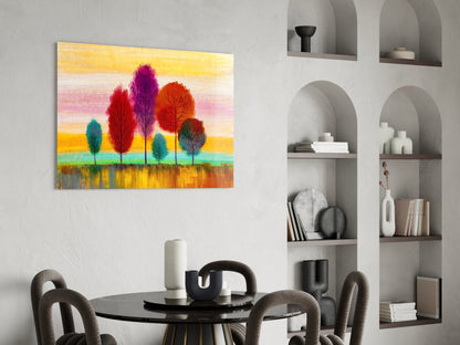 Slender Trees Golden Sunset Sky Glass Wall Art