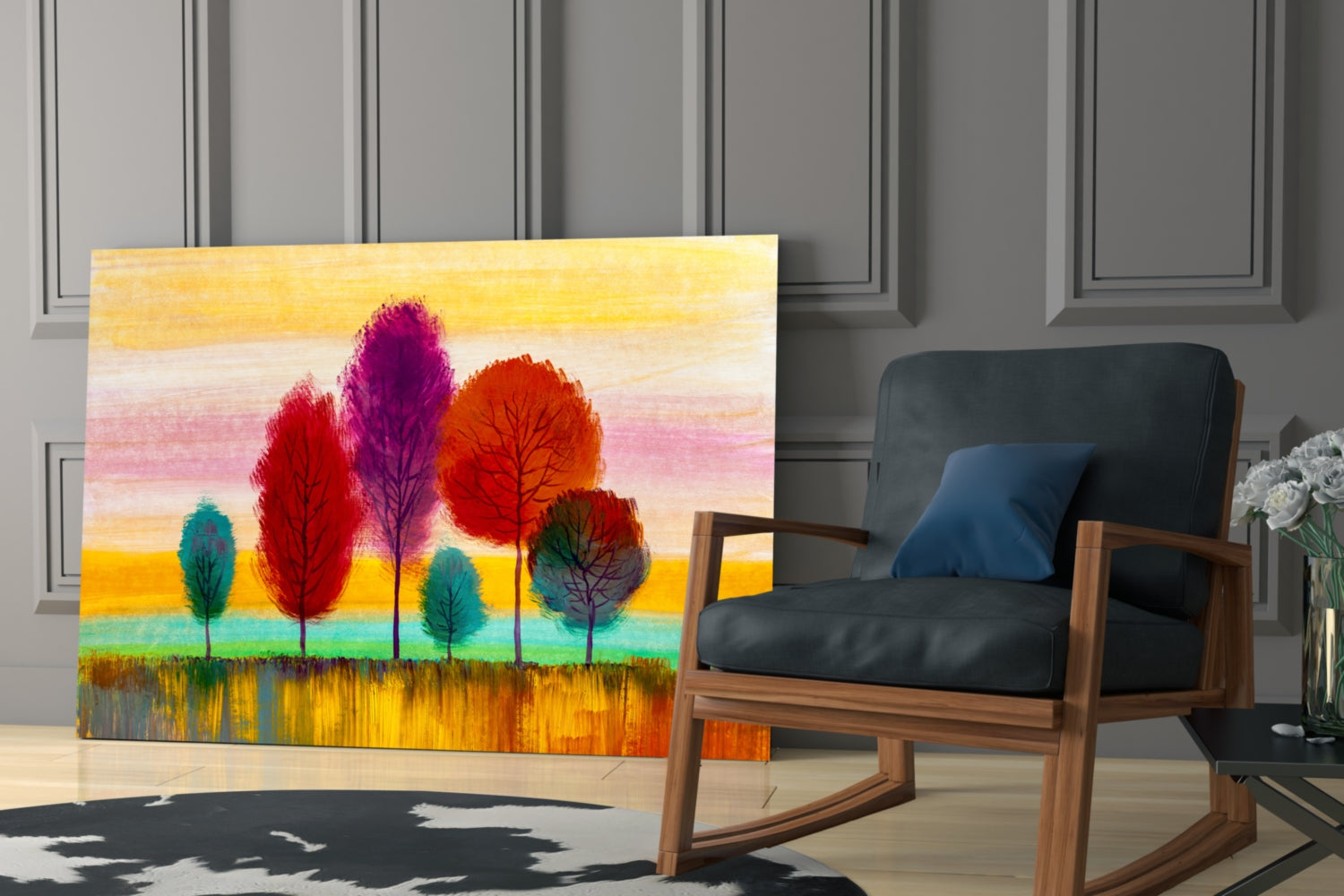 Slender Trees Golden Sunset Sky Glass Wall Art