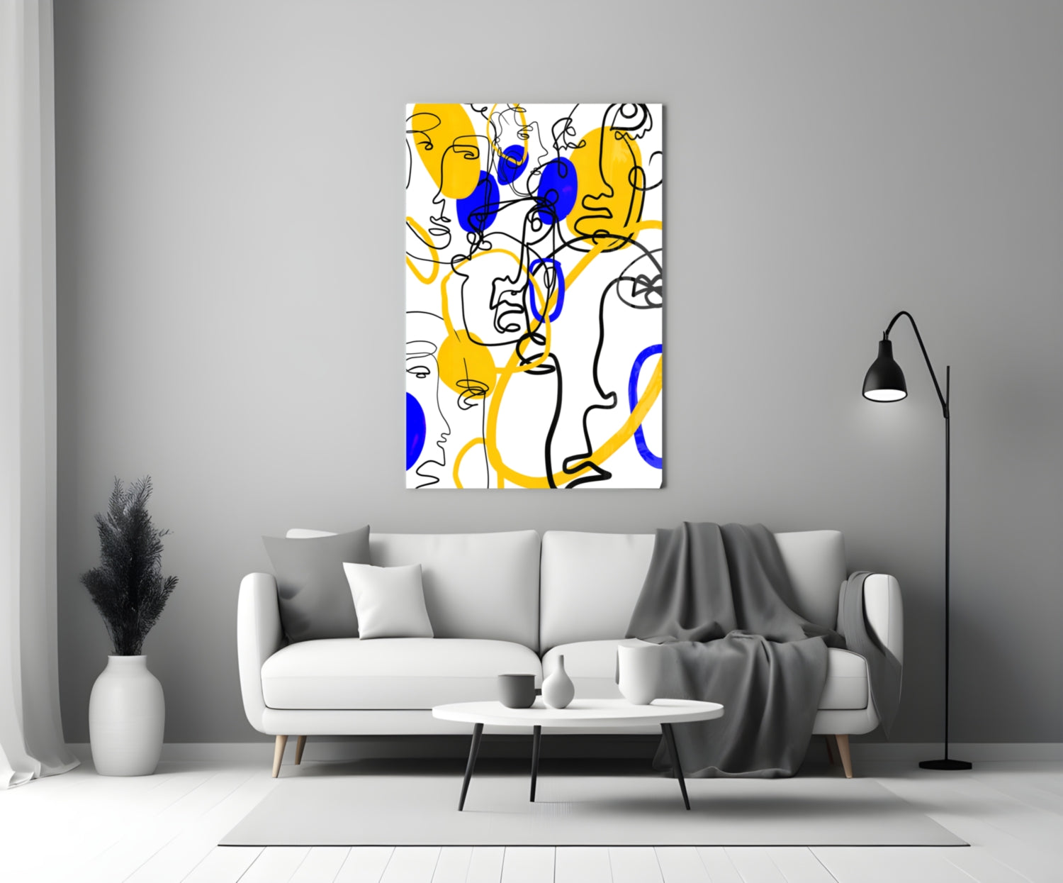 Yellow and Blue One Line Faces Glass Wall Art