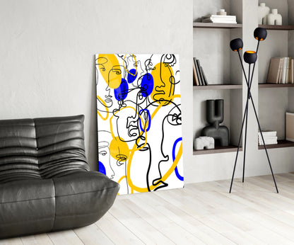 Yellow and Blue One Line Faces Glass Wall Art