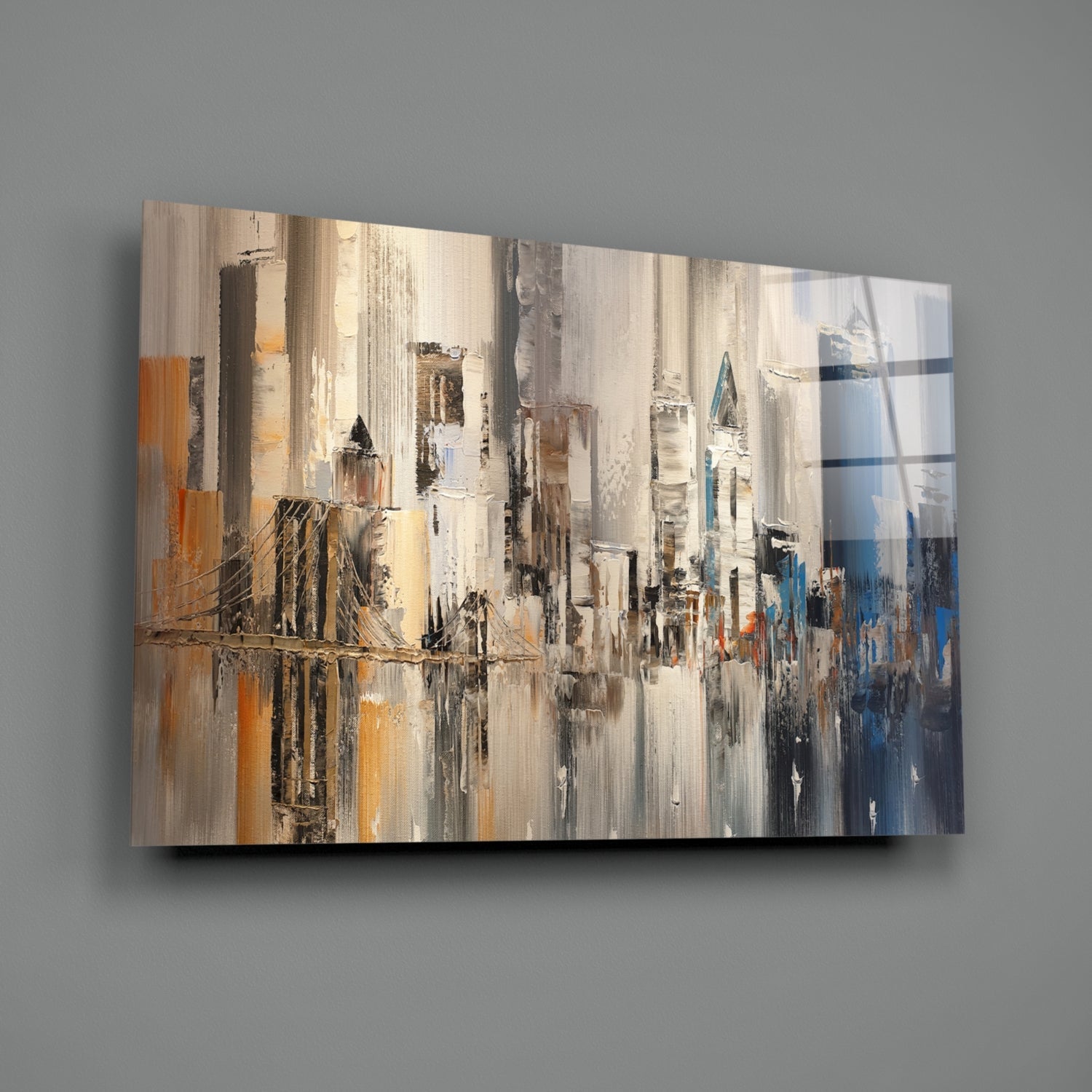 Beige and Blue Palette Knife City Bridge Glass Wall Art