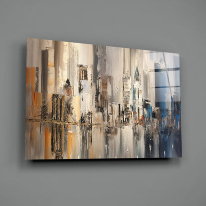 Beige and Blue Palette Knife City Bridge Glass Wall Art