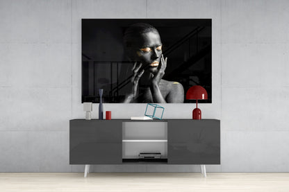 Gold Eyelids Hands Woman Glass Wall Art