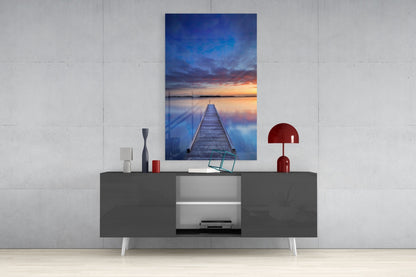 Blue Hour Lake Jetty Sunset Glass Wall Art