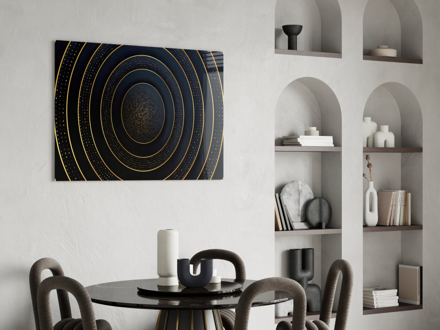 Gold Dotted Concentric Circles Glass Wall Art