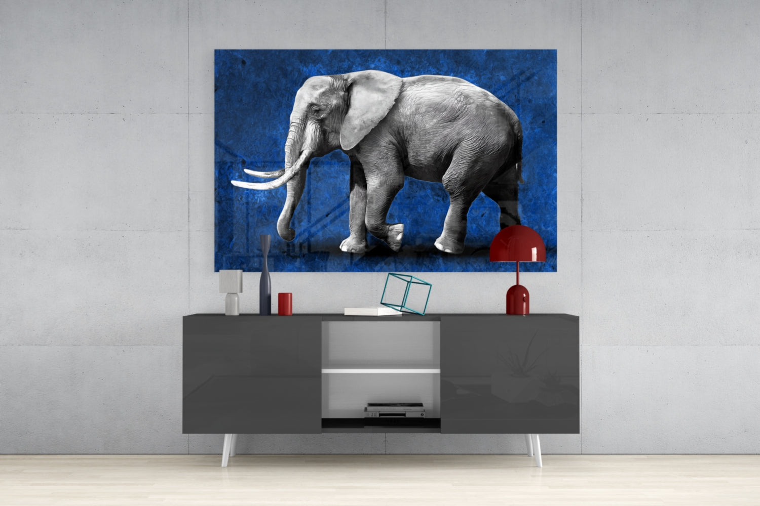 Grayscale Elephant Blue Backdrop Glass Wall Art