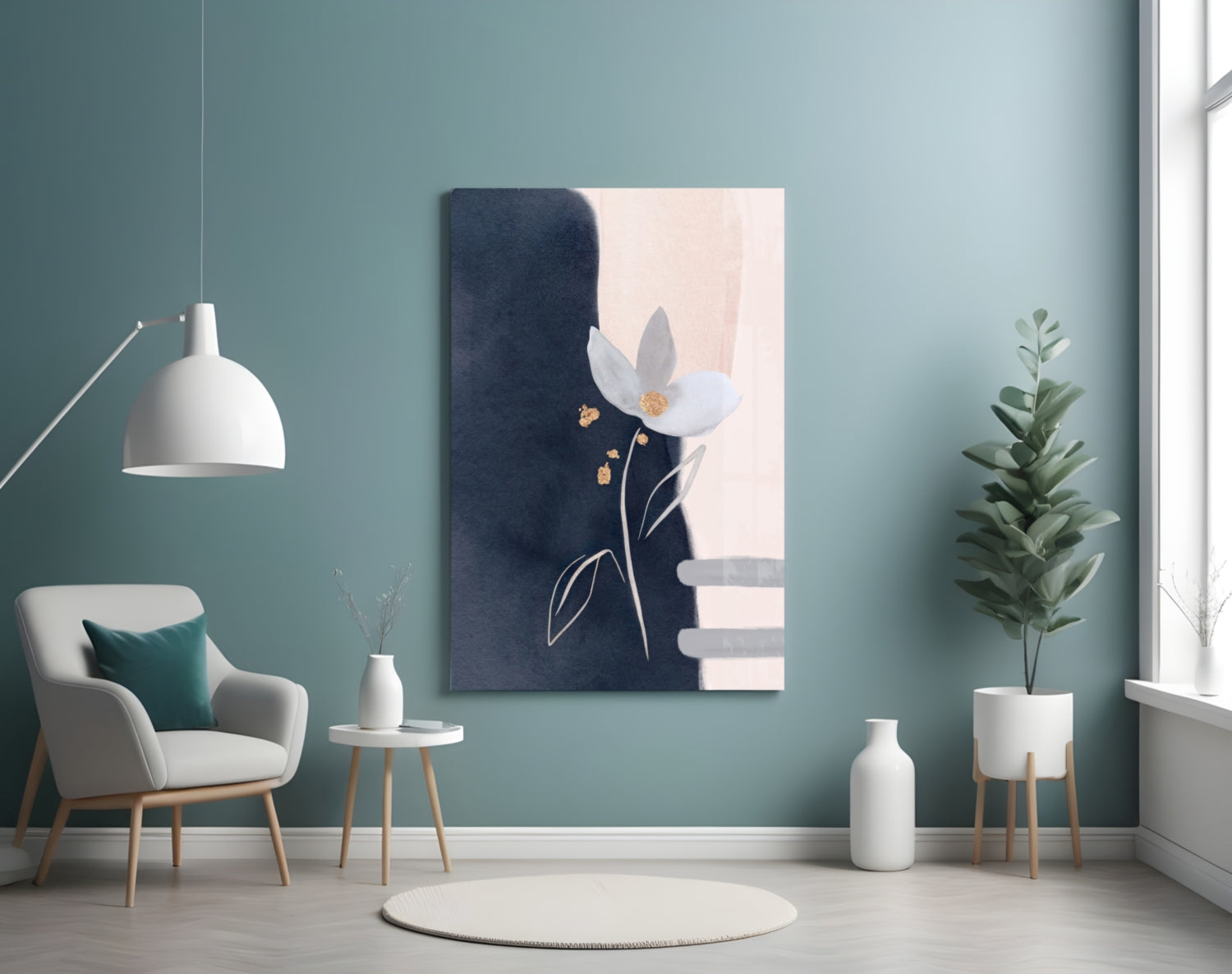 Navy Blush Abstract Flower Glass Wall Art
