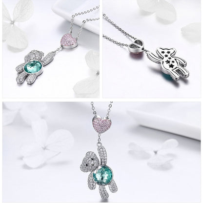 Sterling Silver Pink Heart And Cute Bear Pendant Necklaces for Valentine&