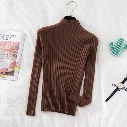 Pullover Ribbed Knitted Sweater Autumn Winter Clothes Women 2021 High Neck Long Sleeve