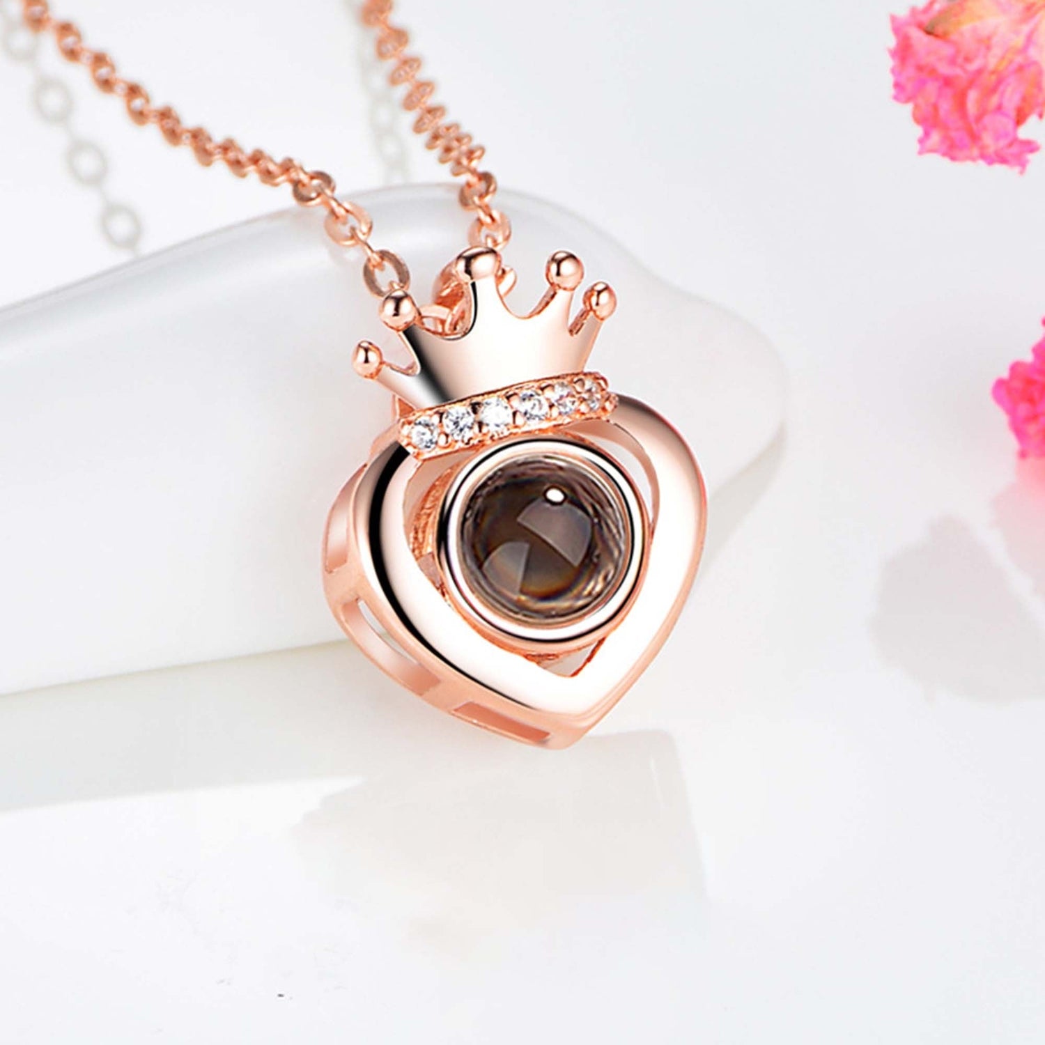 Customized Projection Photo Rose Gold Silver Color Projection Heart Crown Pendant Necklace