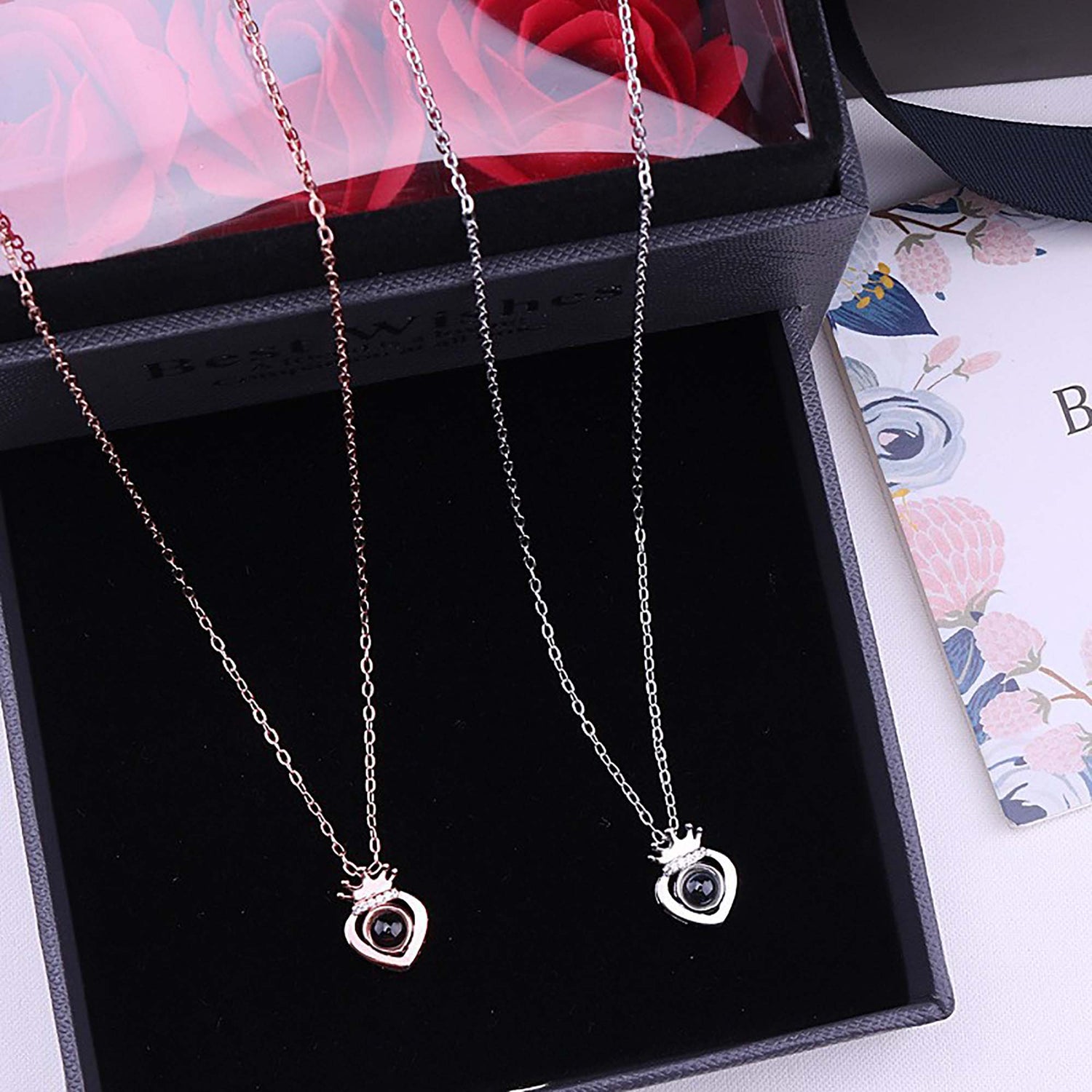Customized Projection Photo Rose Gold Silver Color Projection Heart Crown Pendant Necklace